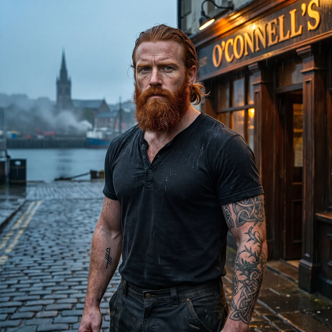 Finn Callaghan, a broad copper-bearded Irish rapper in a black henley, standing in the rain outside a harbor pub