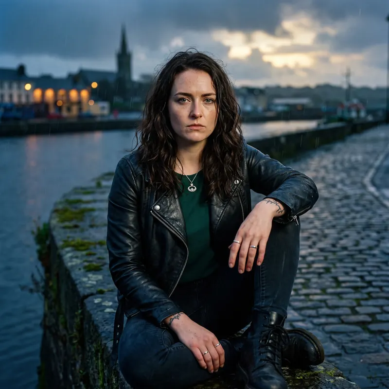 Saoirse Byrne on a wet stone harbor wall in the rain